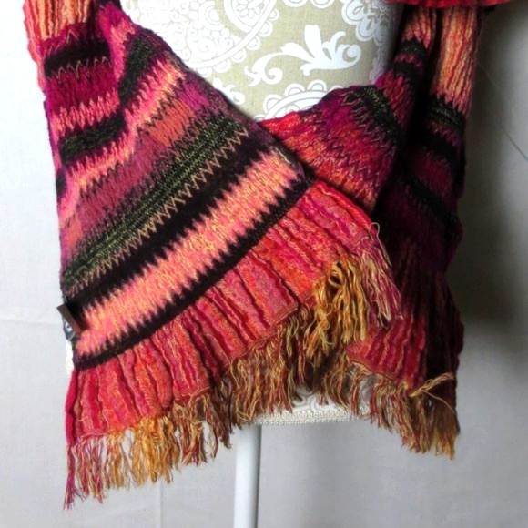 OM Boho Orange Pink Gold Black Eclectic Stripes Warm Wool Blend Fringe Scarf - Picture 4 of 7